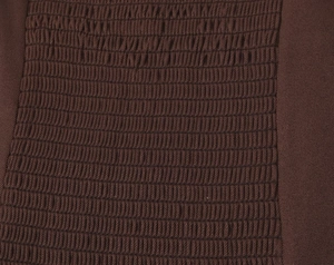 Detail of dark brown smocked fabric with tight elastic pleats and twill texture