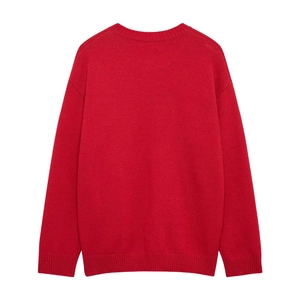 Bright red round neck knitted sweater with drop shoulders and ribbed cuffs back view