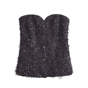 Zwarte strapless pailletten top voor dames met franje van veren en hartvormige hals