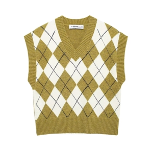 Olive green and white diamond pattern knitted vest with V-neck and ribbed trim finish