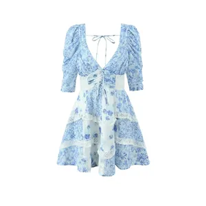 Women V-Neck Floral Mini Dress With Lace Stitching Puff Sleeve Ruffle Layered A-Line Casual Dress For Spring Summer