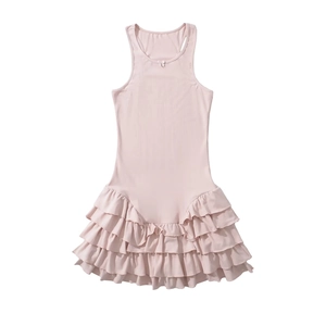 Pink sleeveless tiered ruffle dress with bow detail for girls spring 2025 fashion