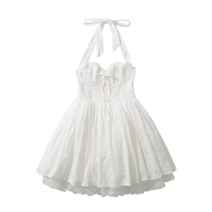 Elegant white halter dress with chic embroidery lace and corset style bodice details