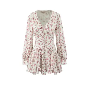 Women Floral Ruffle V Neck Long Sleeve Mini Dress Polyester Pullover Ruched Layered A Line Streetwear Fashion Short Dress