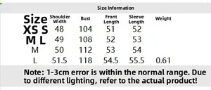 Size guide table for women's street style jacket showing shoulder and bust measurements