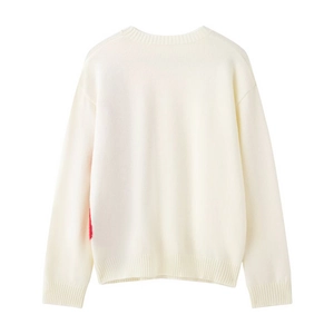 Chic cream knit sweater for women with unique red 3D floral accent on the back