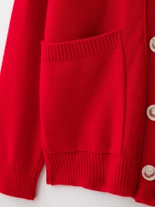 Detail of red knit cardigan showing large pocket with ribbed trim and white buttons