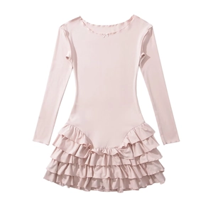 Pink long sleeve toddler dress featuring a round neck bow and layered ruffle skirt