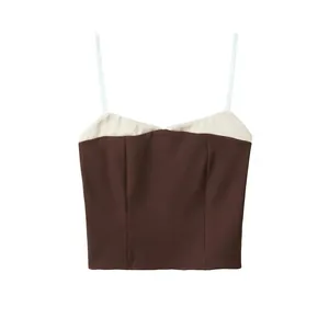 Women Contrast Color Camisole Top Spaghetti Strap Slim Fit Smocking Back Dark Brown Sexy Streetwear Cropped Tank Top