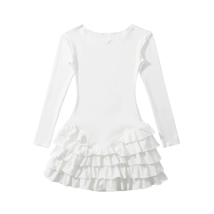 White long-sleeve ruffled mini dress for women with layered cake skirt and round neck