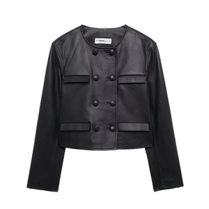Women PU Leather Jacket Buttons Short Crop Coat Round Neck Long Sleeve Chic Modern Black Outerwear