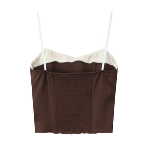 Slim strap brown cropped top with white trim and smocked back detail in spring style