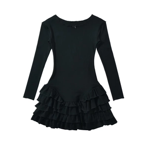 Elegant black long sleeve ruffle dress for girls with cute neckline bow detail