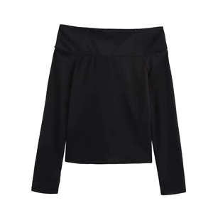 Detailed flat lay of women's black off-the-shoulder long sleeve top on white background