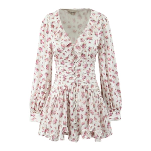 Floral V-neck mini dress with long lantern sleeves and ruffle hem in cream and pink print