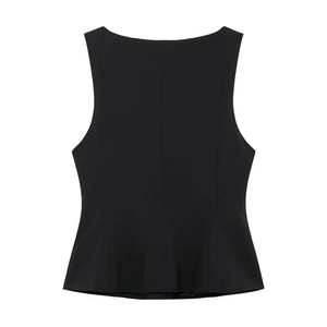Haut sans manches noir pour femme avec ourlet évasé et coupe cintrée élégante, vue de dos