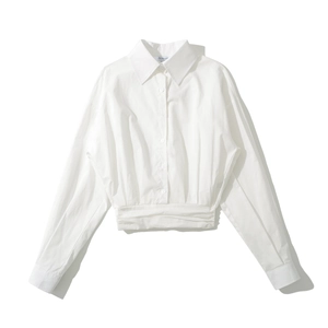 Women's spring white long sleeve cropped shirt with drawstring elastic waist and button front