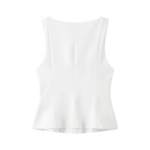 Haut blanc sans manches à col carré avec coutures ajustées et ourlet de style jupe