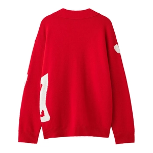 Women's 2025 red jacquard knit cardigan with large pockets and white abstract patterns