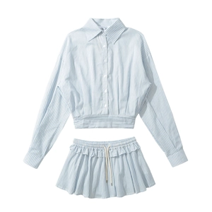Women's blue and white striped two-piece set with button-down shirt and drawstring skirt