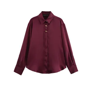 Elegant Satin Long Sleeve Blouse For Women Gold Irregular Buttons Solid Color Wine Red Shirt Office Party Lady Tops