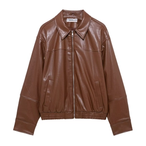 Giacca in Pelle PU Casual da Donna Vintage Marrone Con Cerniera Moto Bomber Cappotto Con Tasche Vestibilità Larga Outwear