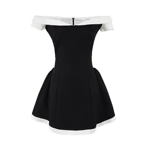 Women Elegant Off Shoulder Mini Dress Black White Contrast Slim Fit Sleeveless Backless Party Dress In Polyester Spandex