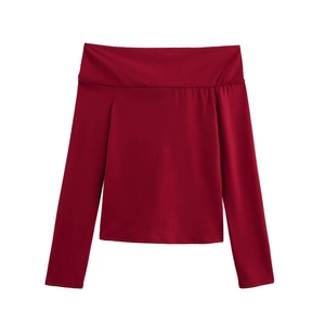Deep red off-the-shoulder long sleeve top featuring a minimalist chic streetwear design