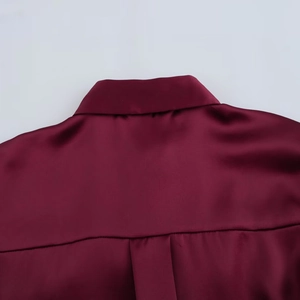 Classic burgundy satin shirt with elegant back pleat and glossy silk texture details