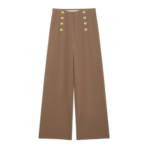 Elegant high-waisted wide leg trousers in coffee brown with gold double-breasted buttons