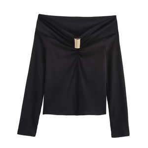 Women's black off-shoulder long sleeve top with elegant gold metal buckle detail