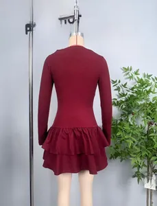 Detailed back view of a slim-fit burgundy long sleeve dress with tiered ruffle hem