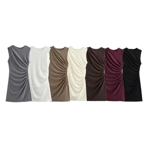 Damen Ärmelloses Gerafftes Minikleid Rundhalsausschnitt Slim Fit Sexy Bodycon Streetwear Party Casual Sommerkleid