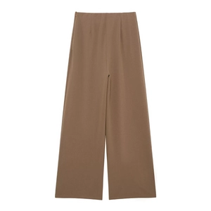 High-waisted dark brown wide-leg pants with double-breasted detail and smooth drape