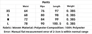 Size chart for high-waisted wide-leg trousers showing XS to L dimensions and polyester fabric