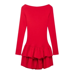 Detailed close-up of vibrant red mini dress with layered ruffles and elegant boat neck