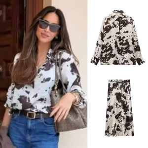 Ensemble Femme Imprimé Vache Animal Chemise en Polyester Boutonnée et Jupe Midi Streetwear Décontracté Froissé Top And Bottom