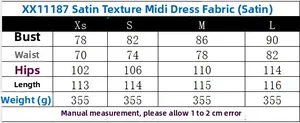 Tableau des tailles pour robe midi en satin avec mesures détaillées et poids du produit