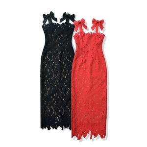 Elegant lace slip dress with oversized shoulder bows in red and black colors