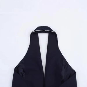 Elegant black halter neck top for women featuring white lace trim and bow knot detail