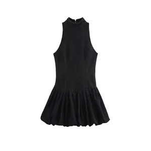 Robe Mini pour Femmes Sans Manches Col Montant Noir Ourlet Bulle Couleur Unie Plissé Mode de Rue Fermeture Éclair Arrière