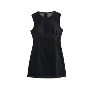 Robe Décontractée sans Manches pour Femme Col Rond Coupe Ajustée Ligne A Mini Robe Texture Denim Fermeture Éclair Streetwear Mode