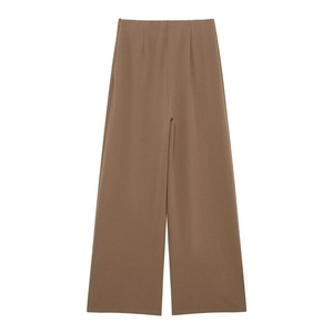 Detail of high waisted brown wide leg trousers with pleated waist and front buttons