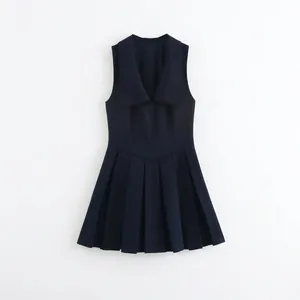 Women Casual Navy Blue Sleeveless Pleated Mini Dress With Big Lapel Collar Slim Fit Mesh Splicing Summer Streetwear Clothing