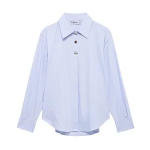 Chemise à manches longues rayée élégante pour femmes en mélange de coton avec boutons décoratifs chemisier de bureau quotidien