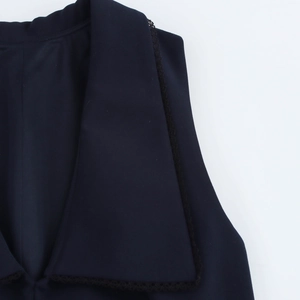 Slim fit navy blue V-neck vest dress with elegant black lace trim detailing