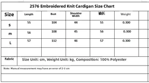 Tableau des tailles détaillé pour le cardigan en maille brodé avec mesures en cm
