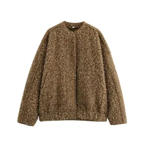 Veste en Fausse Fourrure Décontractée pour Femmes Couleur Unie Col Rond Manches Longues Manteau en Peluche Chaud Automne Hiver Top