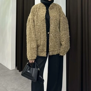Veste en fausse laine camel pour femme avec boutons et col rond pour le printemps