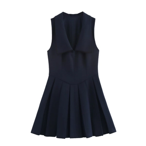 Slim fit navy blue sleeveless pleated dress with sailor collar for spring fashion style